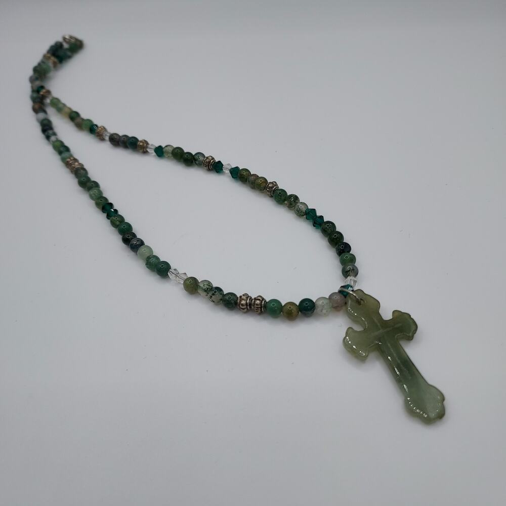 Jade Cross Pendant on Jade and Mixed Stone Bead Necklace 20"